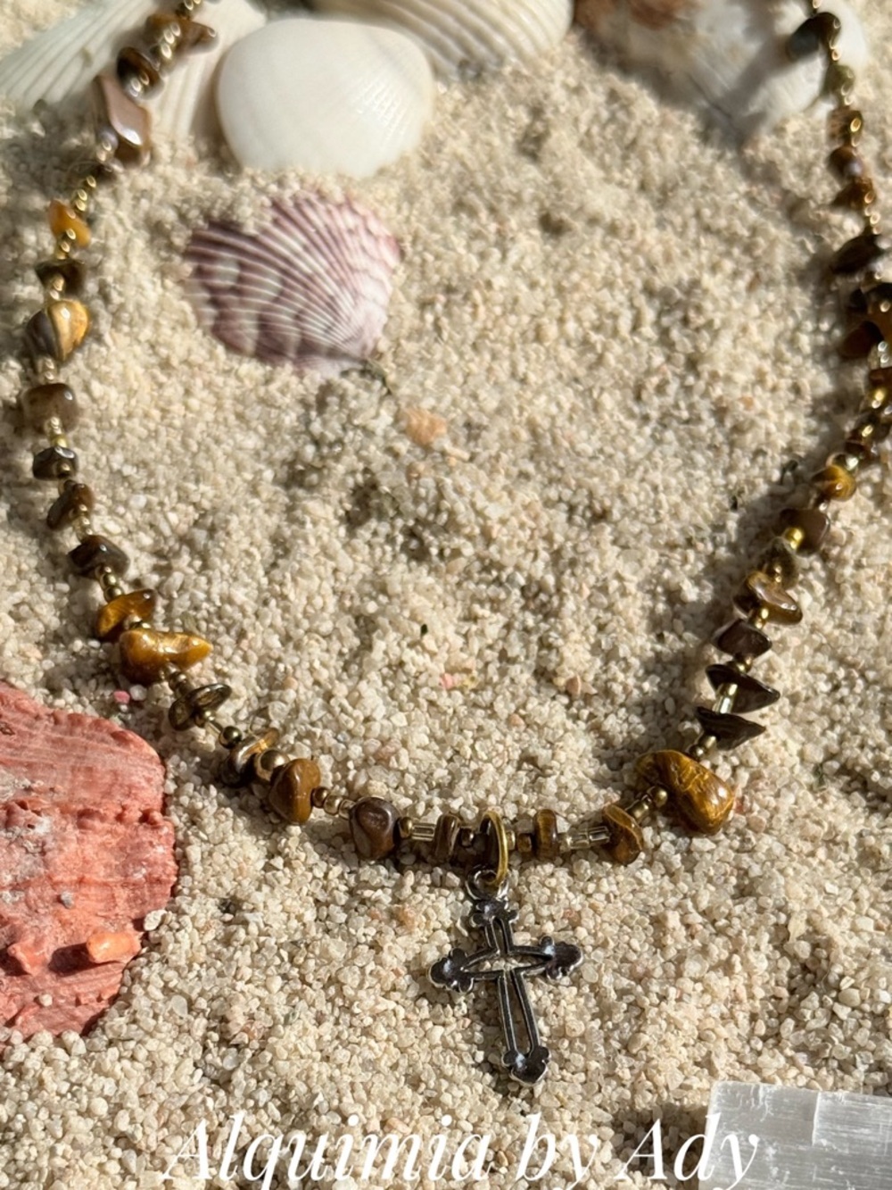 Tiger eye Bead Rosary Necklace with Silver Crucifix